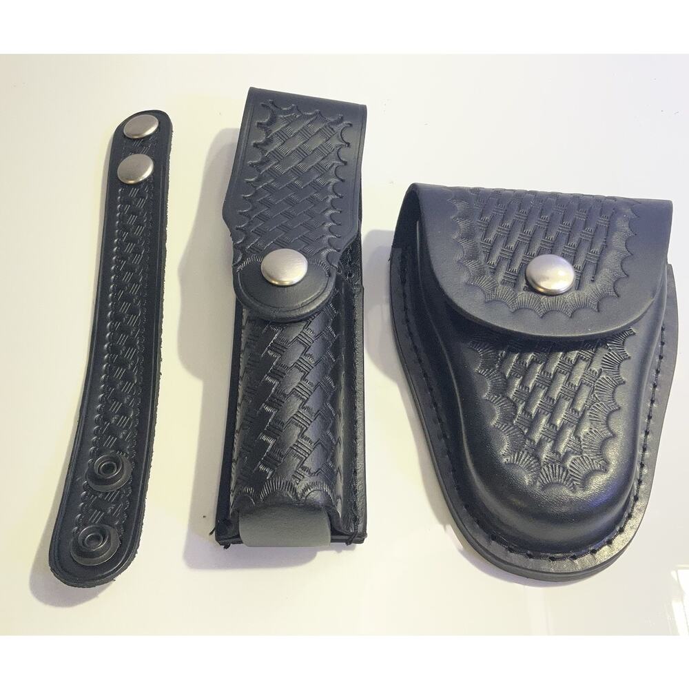 Perfect Fit NS317 CC1101 Basketweave Leather Nightstick Handcuff Case Keeper NWT